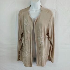 Chico's Travelers beige cardigan embroidery floral sz 3 chic travel office wear